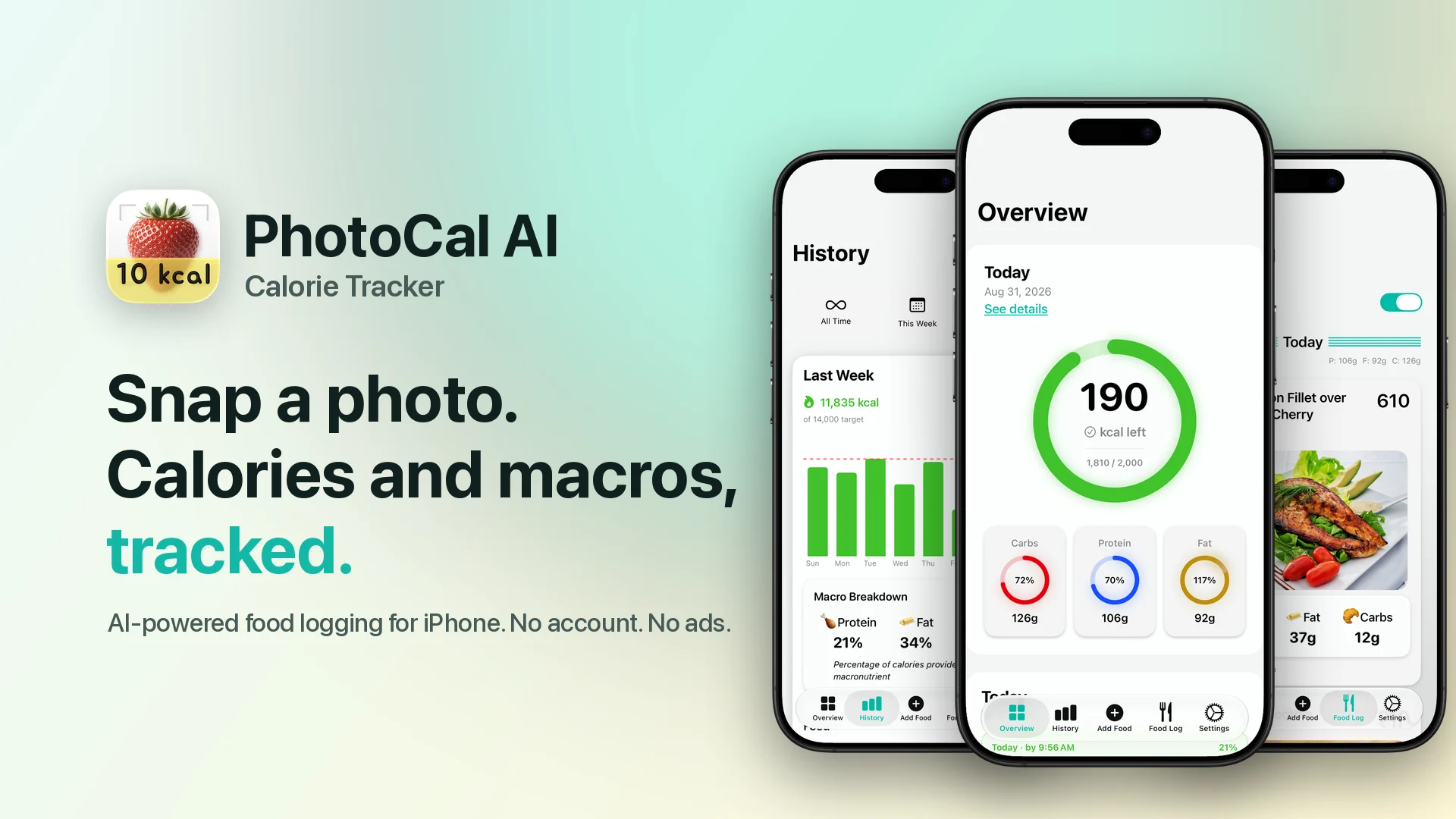 PhotoCal hero banner: three iPhones beside the tagline Snap a photo. Calories and macros, tracked.