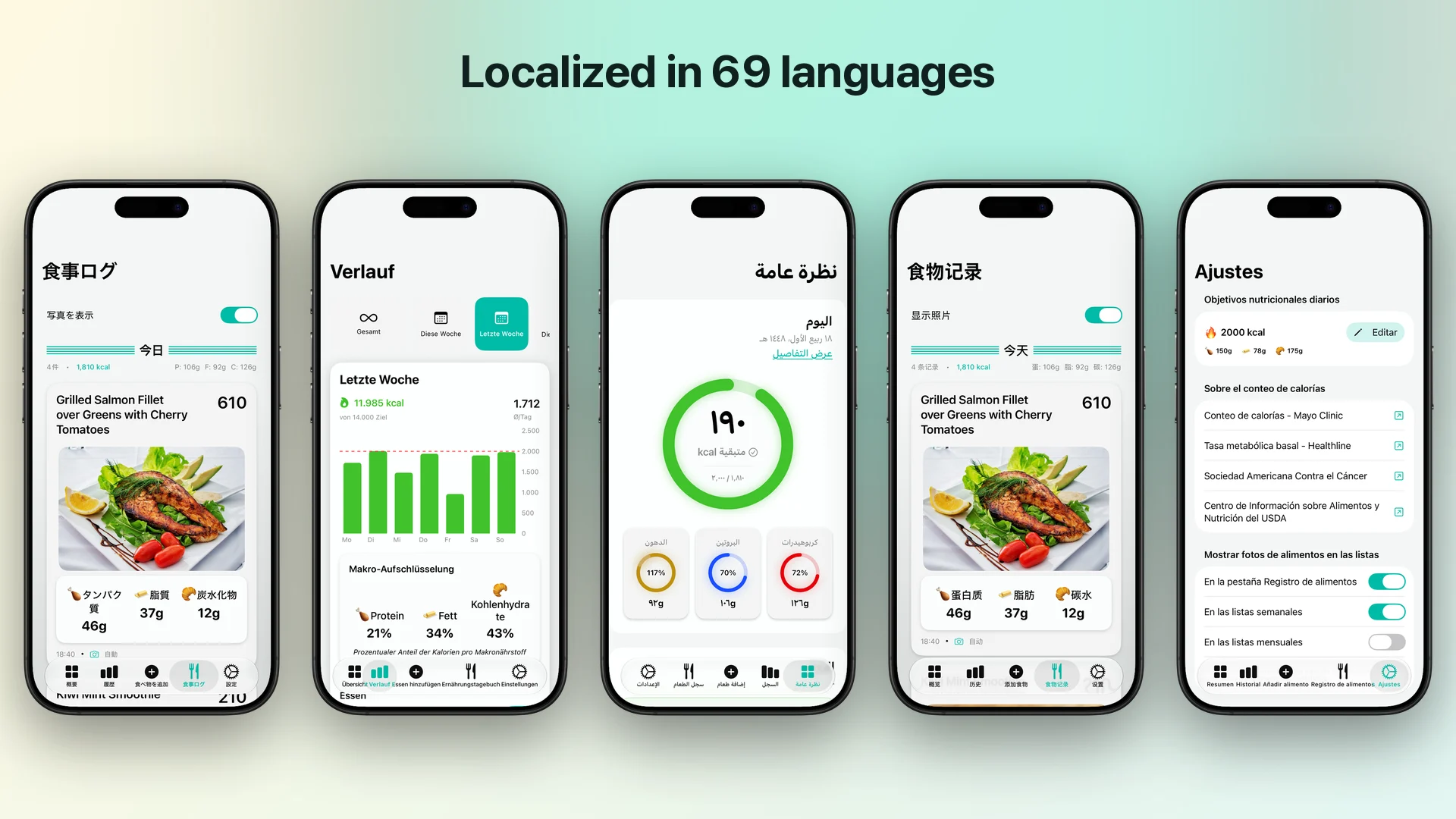 PhotoCal banner: localized in 69 languages, five iPhones showing five different screens and languages