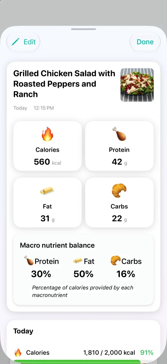 PhotoCal food entry detail showing a grilled chicken salad with calories, macros, and macro balance
