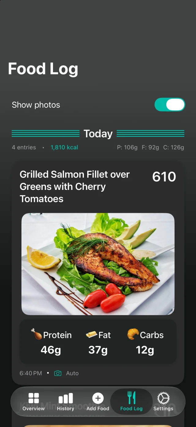 PhotoCal Food Log in dark mode