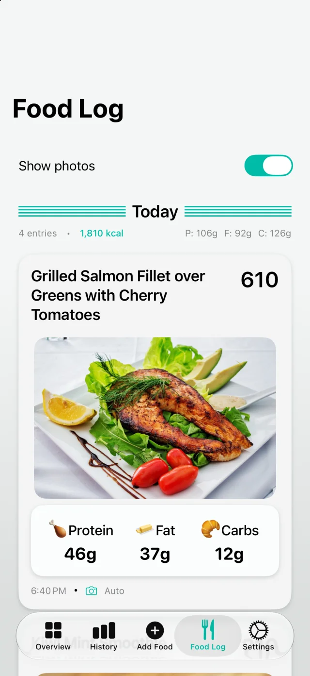 PhotoCal Food Log showing today's meals with photos, calories, and macros