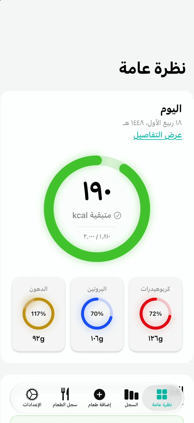 PhotoCal Overview in Arabic, laid out right to left with Eastern Arabic numerals