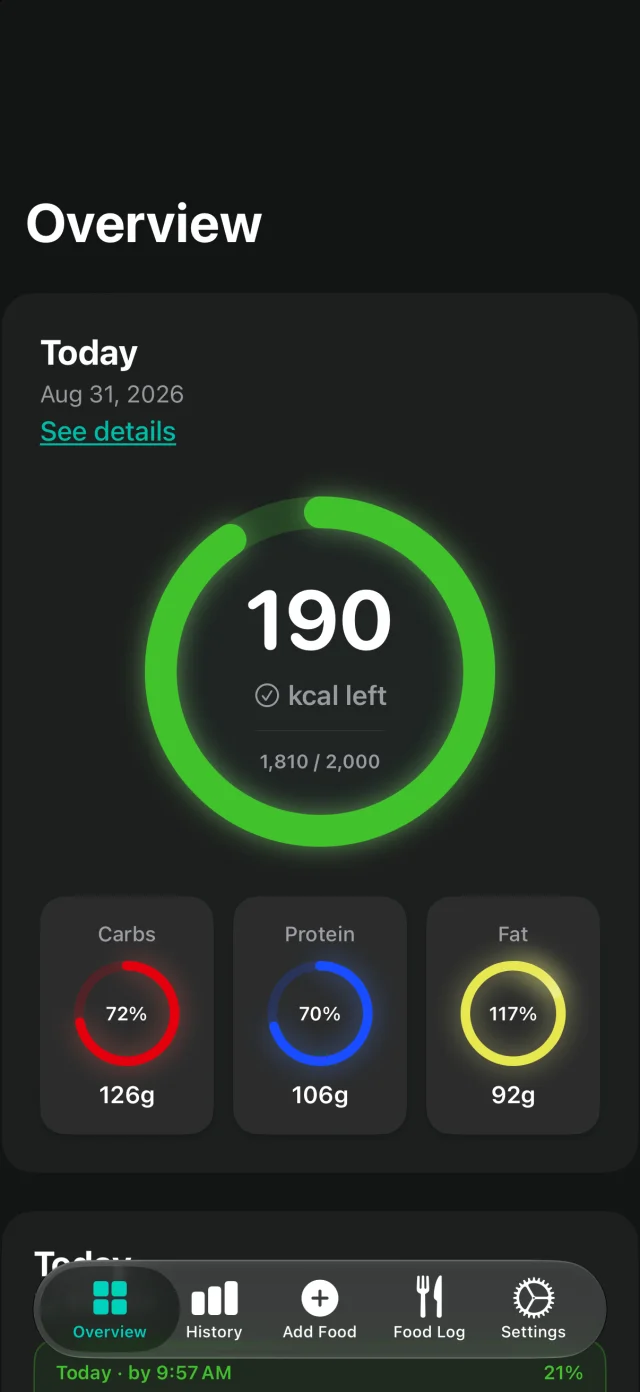 PhotoCal Overview in dark mode
