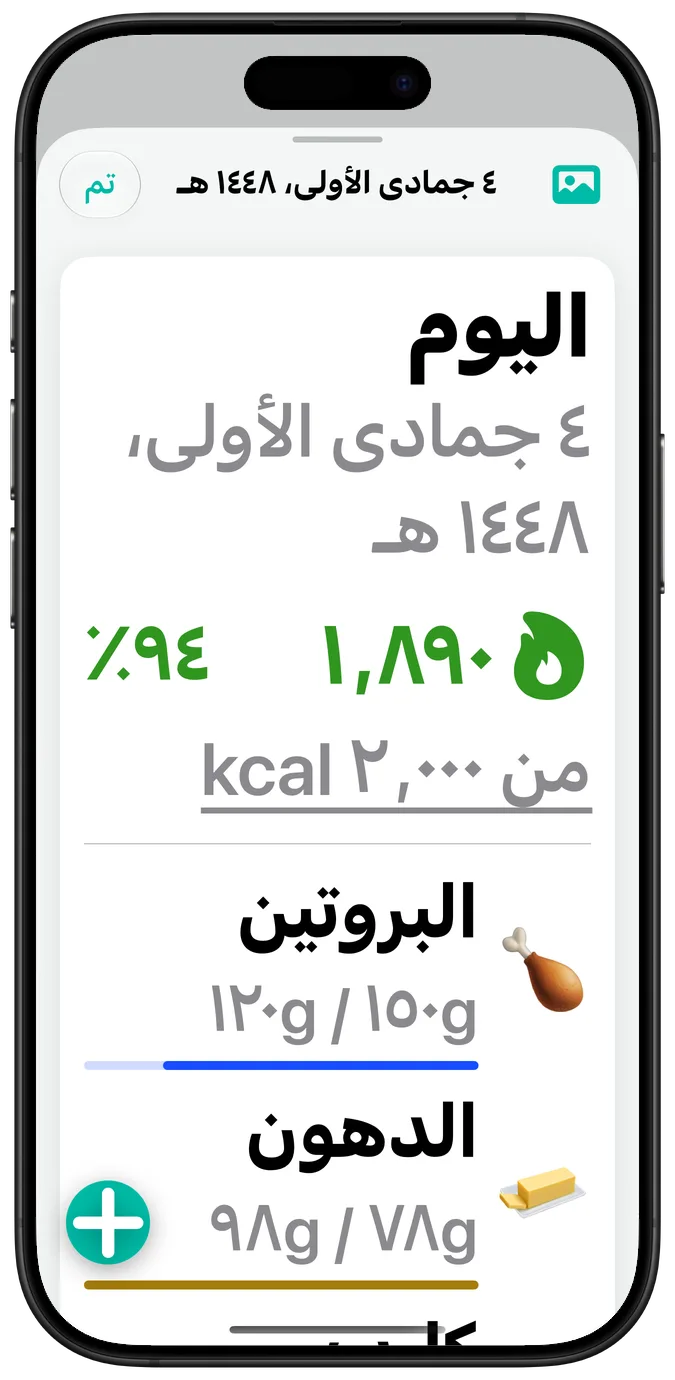 ملخص يوم بأكبر حجم لنص تسهيلات الاستخدام، وأرقام كل عنصر غذائي منتقلة إلى سطر تحت اسمه