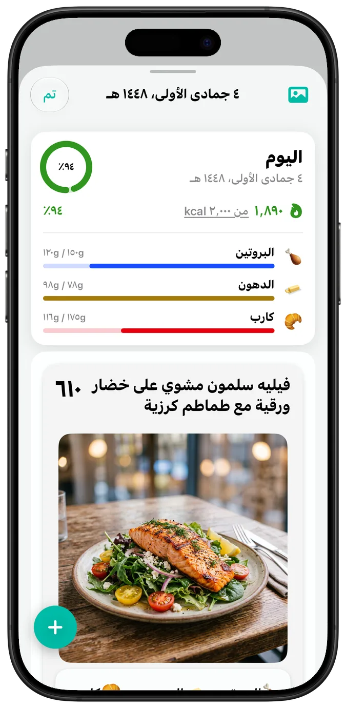 ملخص يوم بحجم النص الافتراضي: السعرات الحرارية، وأشرطة تقدّم العناصر الغذائية، وصورة فيليه سلمون مشوي على خضار ورقية مع طماطم كرزية