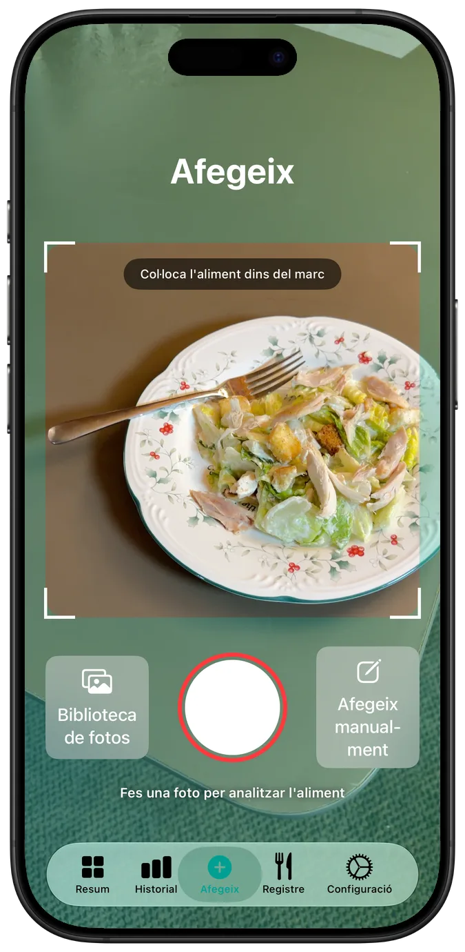 Pantalla per afegir aliments