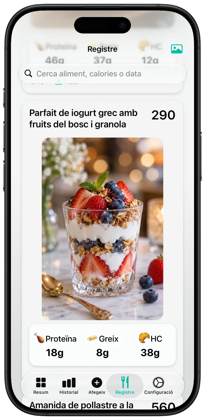 Registre d’aliments amb Parfait de iogurt grec amb fruits del bosc i granola, les seves calories i els seus macros
