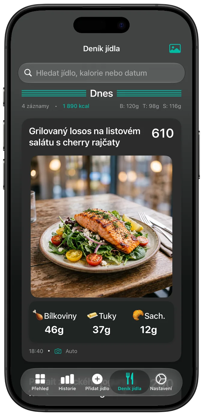 Deník jídla v tmavém režimu