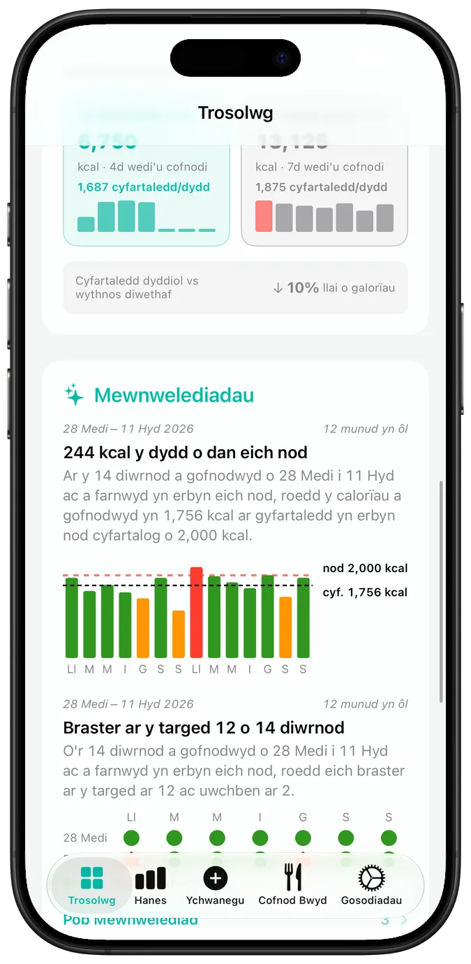 Y calendr gweithgarwch diweddar, pob diwrnod wedi’i farcio â thic, triongl rhybudd neu groes, uwchben y rhes bresennol a’r rhes orau