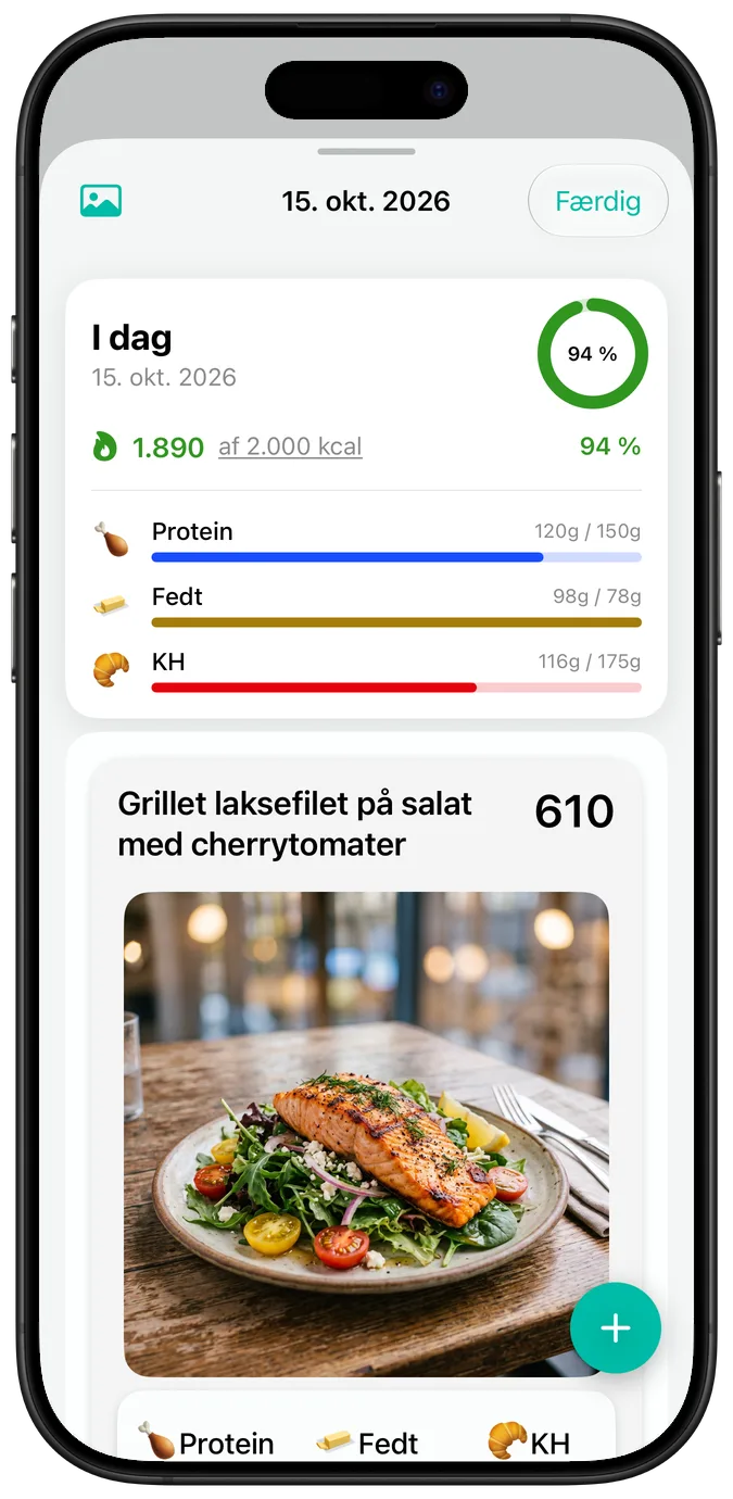 En dagsoversigt i standardtekststørrelse: kalorier, statuslinjer for makroerne og et foto af »Grillet laksefilet på salat med cherrytomater«