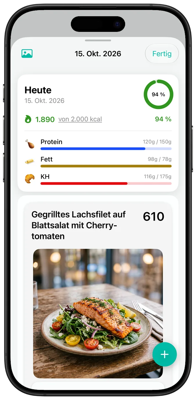 Eine Tagesübersicht in der Standardtextgröße: Kalorien, Fortschrittsbalken der Makros und das Foto des Gerichts „Gegrilltes Lachsfilet auf Blattsalat mit Cherrytomaten“