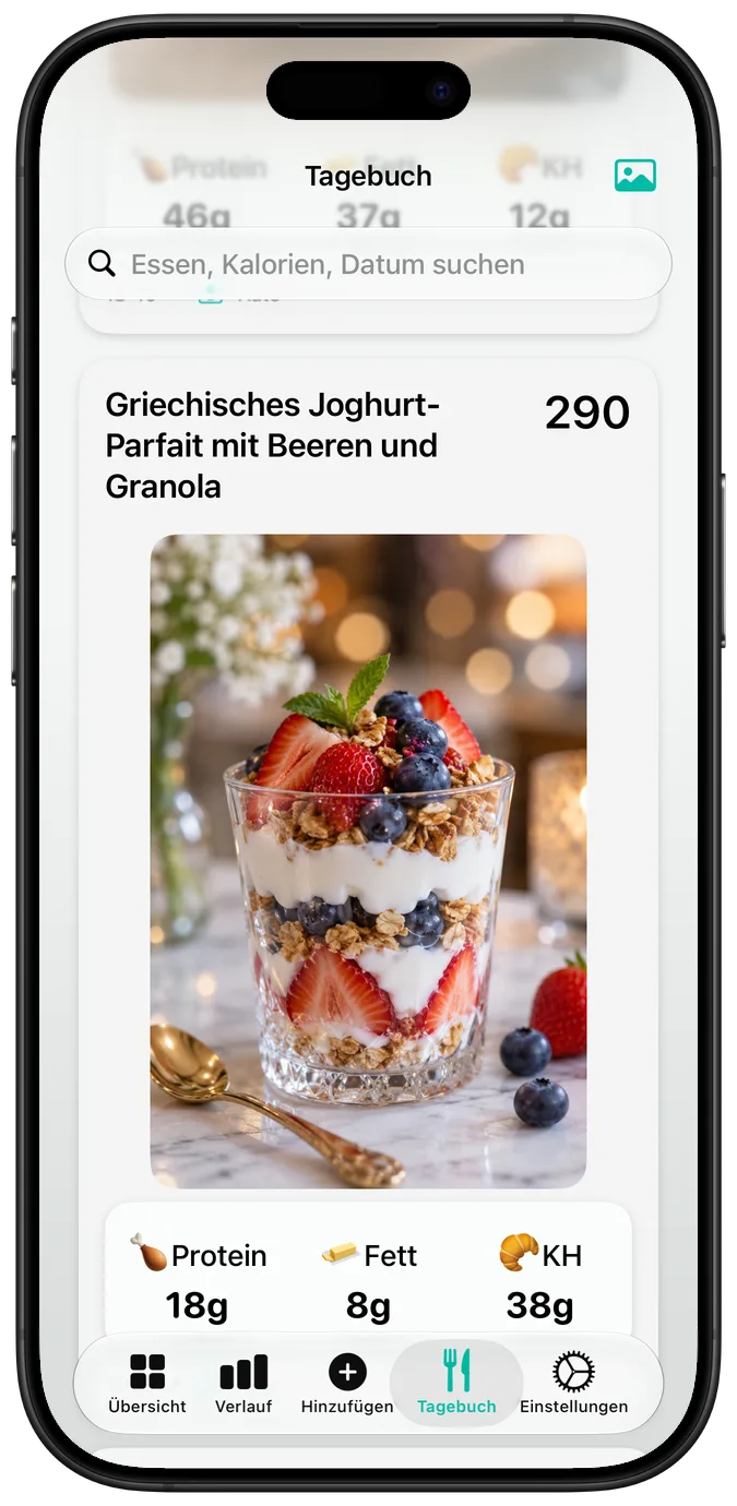 Tagebuch mit dem Eintrag „Griechisches Joghurt-Parfait mit Beeren und Granola“, seinen Kalorien und Makros