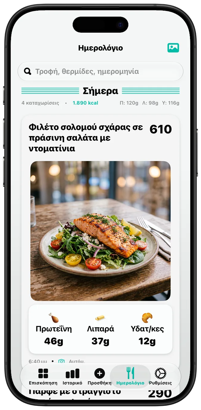 Το ημερολόγιο διατροφής με ενεργή τη ρύθμιση «Έντονο κείμενο», με κάθε ετικέτα σε πιο έντονη γραφή