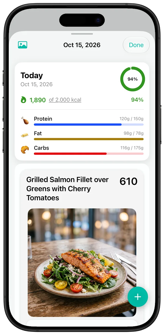 A day's summary at the default text size: calories, macro progress bars, and a photo of Grilled Salmon Fillet over Greens with Cherry Tomatoes