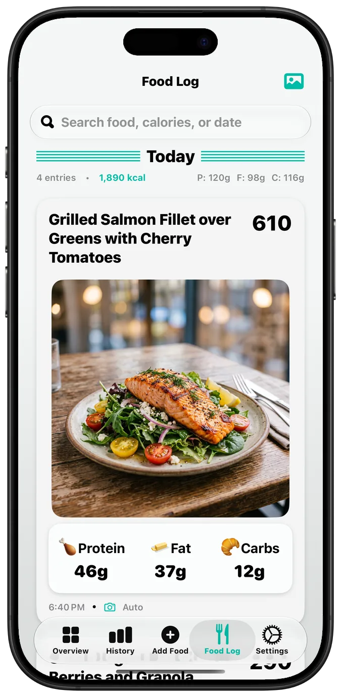 The food log with Bold Text on, every label in a heavier weight