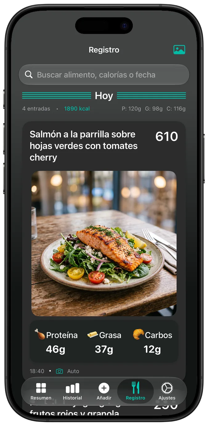 El registro de comidas en modo oscuro