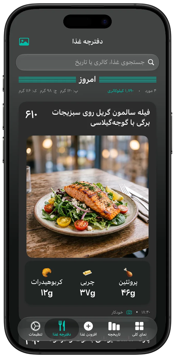 دفترچه غذا در حالت تیره