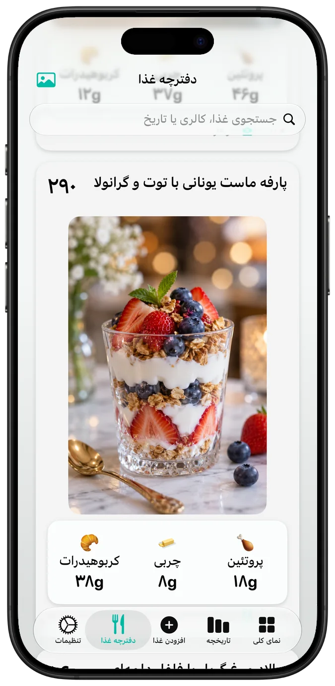 دفترچه غذا که پارفه ماست یونانی با توت و گرانولا را با کالری و درشت‌مغذی‌هایش نشان می‌دهد