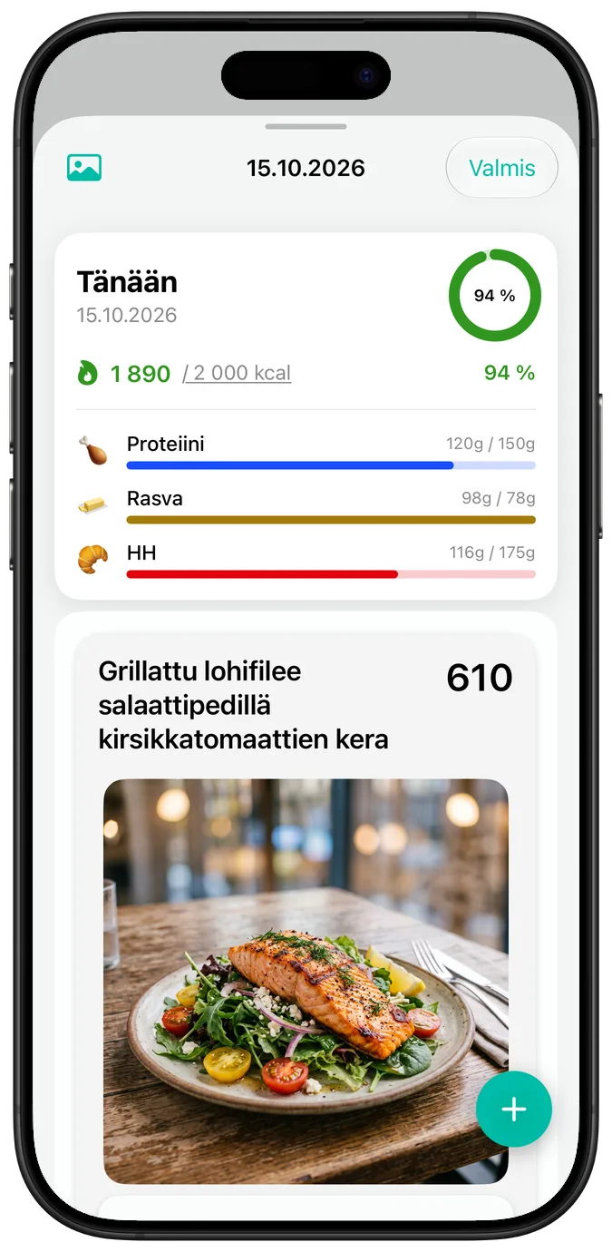 Päivän yhteenveto oletustekstikoolla: kalorit, makrojen edistymispalkit ja kuva annoksesta ”Grillattu lohifilee salaattipedillä kirsikkatomaattien kera”