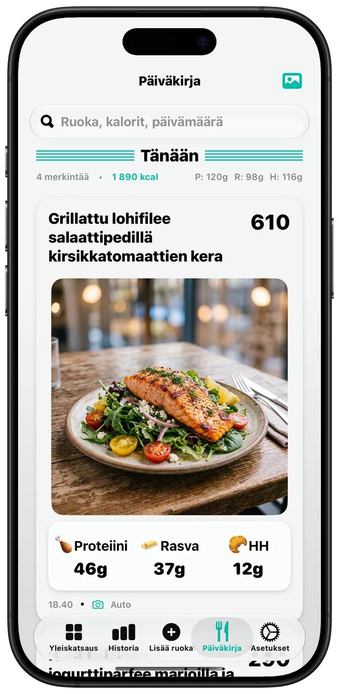 Ruokapäiväkirja, kun Lihavoi teksti -asetus on päällä: kaikki tekstit lihavampina