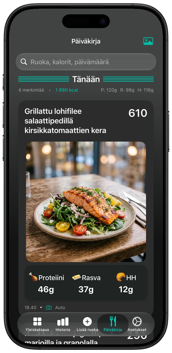 Ruokapäiväkirja tummassa tilassa
