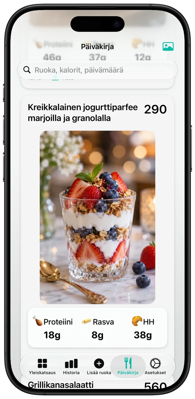 Ruokapäiväkirjassa ”Kreikkalainen jogurttiparfee marjoilla ja granolalla” kaloreineen ja makroineen
