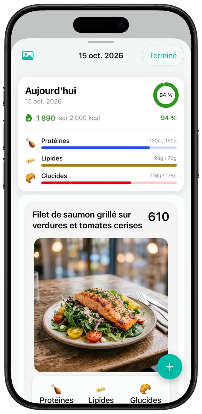 Le résumé d’une journée à la taille de texte par défaut : calories, barres de progression des macros et photo du plat Filet de saumon grillé sur verdures et tomates cerises