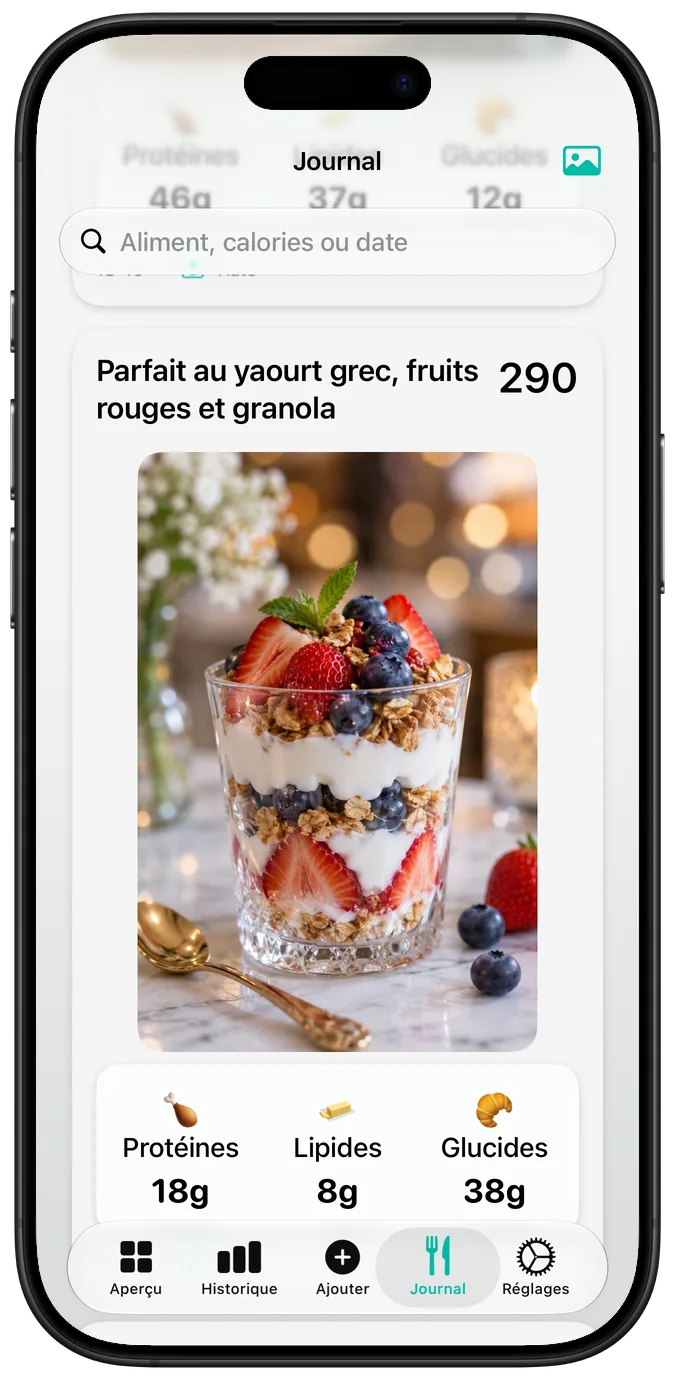 Journal alimentaire montrant Parfait au yaourt grec, fruits rouges et granola, avec ses calories et ses macros