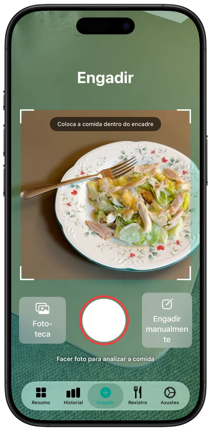 Pantalla para engadir comida