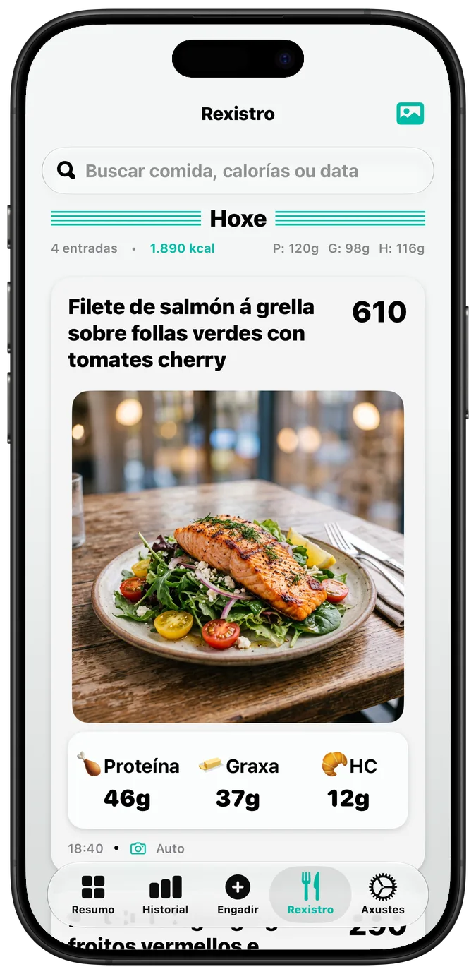 O rexistro de comidas coa opción Texto en negra (Bold Text) activada, cada etiqueta cun trazo máis groso