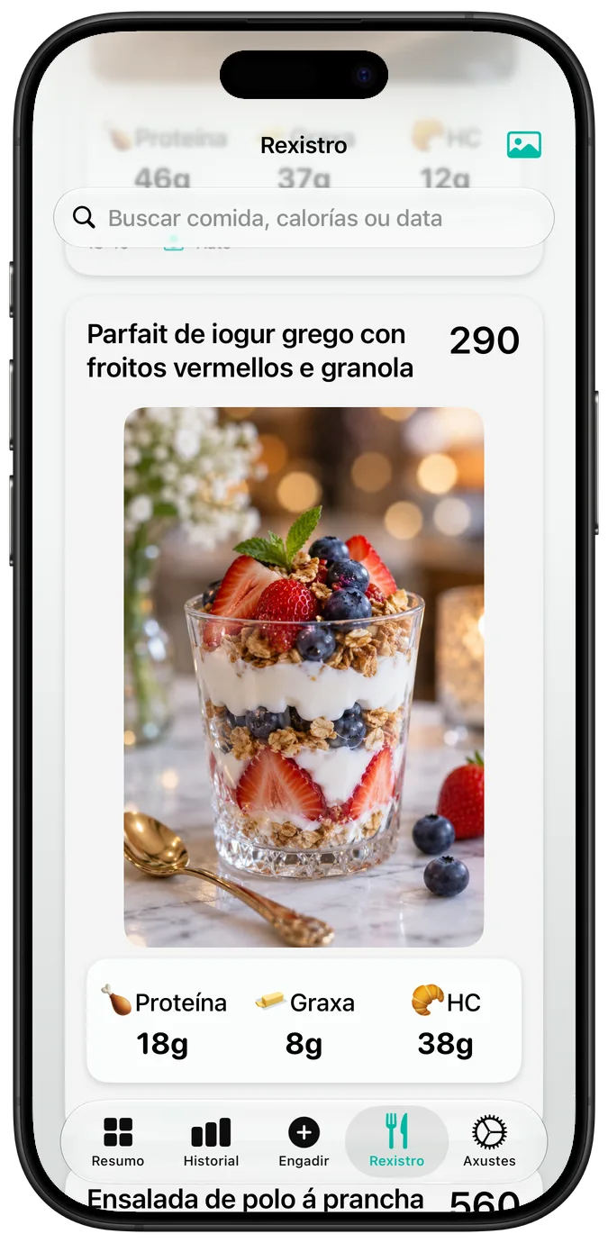 Rexistro de comidas con Parfait de iogur grego con froitos vermellos e granola, as súas calorías e os seus macros