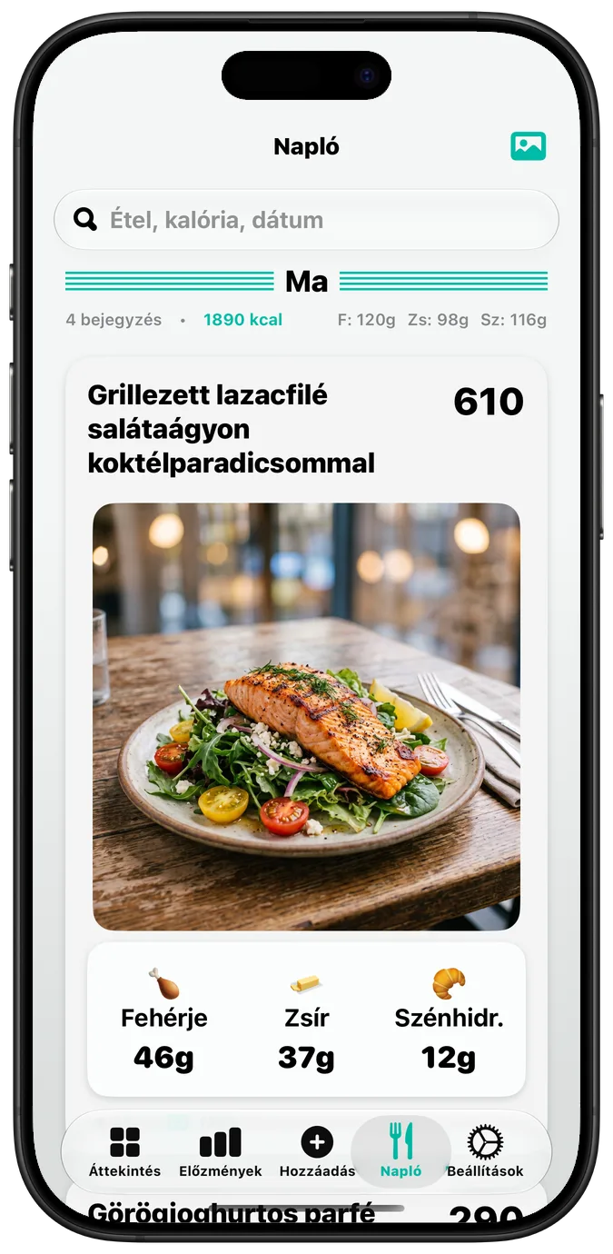 Az étkezési napló bekapcsolt „Félkövér szöveg” beállítással, minden felirat vastagabb betűvel