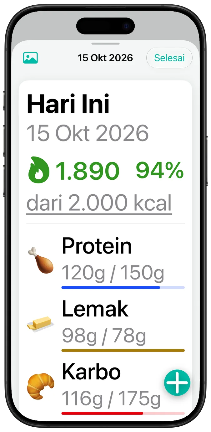 Ringkasan sehari dengan ukuran teks aksesibilitas terbesar, angka setiap makro turun ke bawah namanya