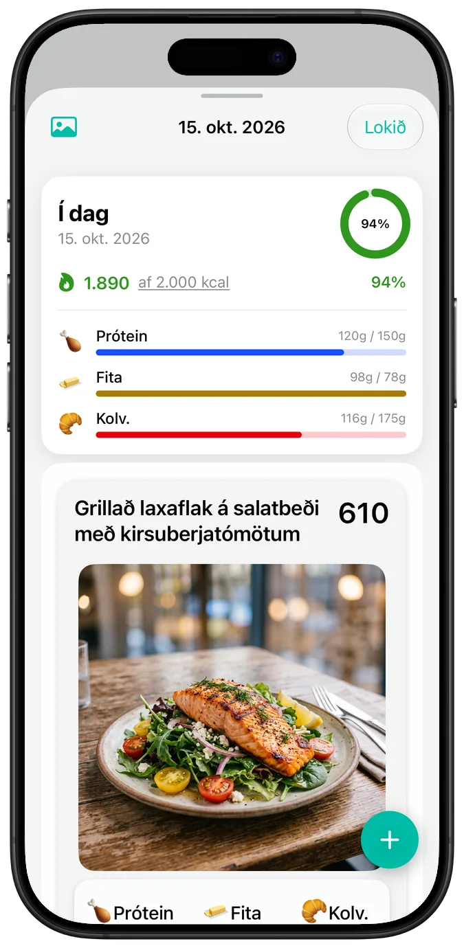 Samantekt dags í sjálfgefinni leturstærð: hitaeiningar, framvindustikur næringarefna og mynd af „Grillað laxaflak á salatbeði með kirsuberjatómötum“