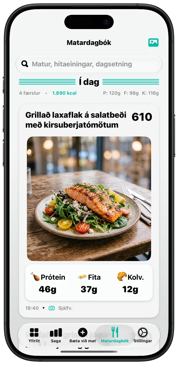 Matardagbókin með kveikt á stillingunni Feitletraður texti (Bold Text), öll heiti í þykkara letri