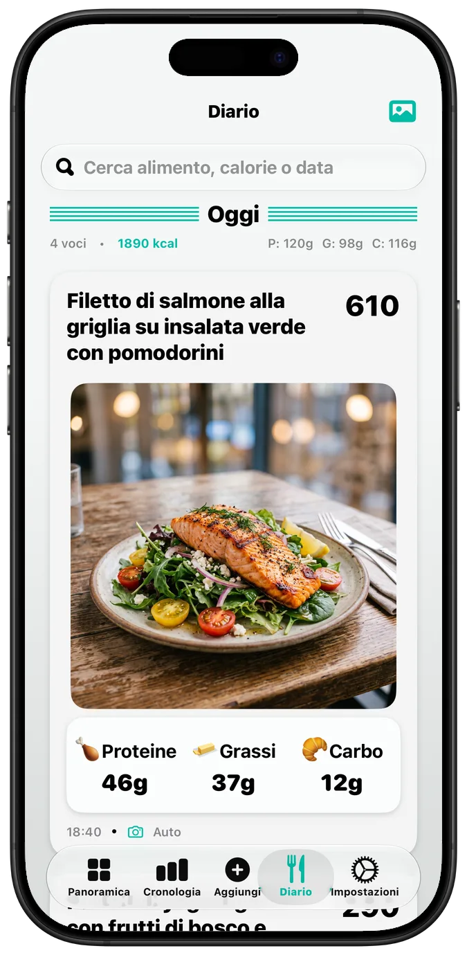Il diario alimentare con «Testo in grassetto» attivo, ogni etichetta più marcata