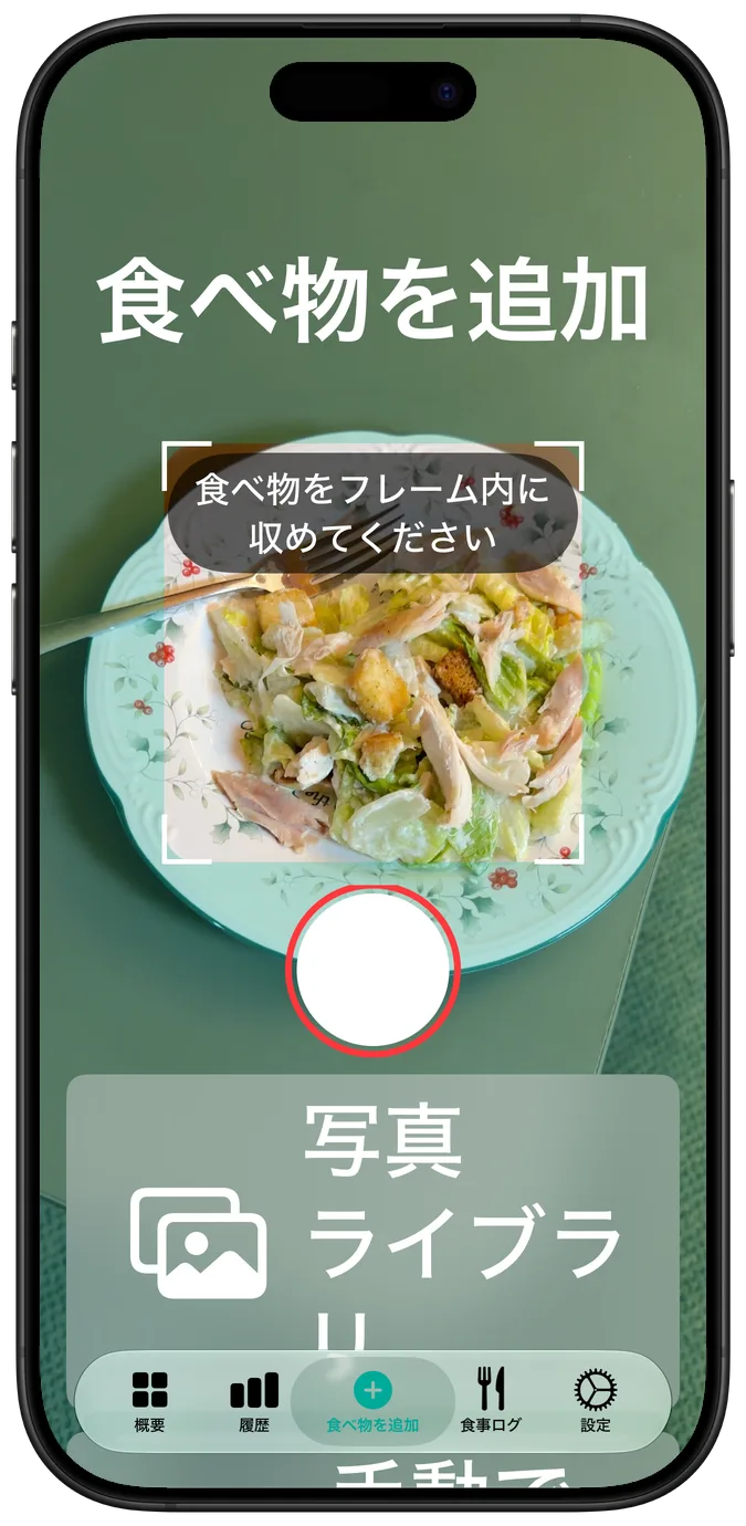 アクセシビリティの最大文字サイズで表示したカメラ画面。サラダが写り、その下にシャッターとフォトライブラリのボタンが縦に並ぶ