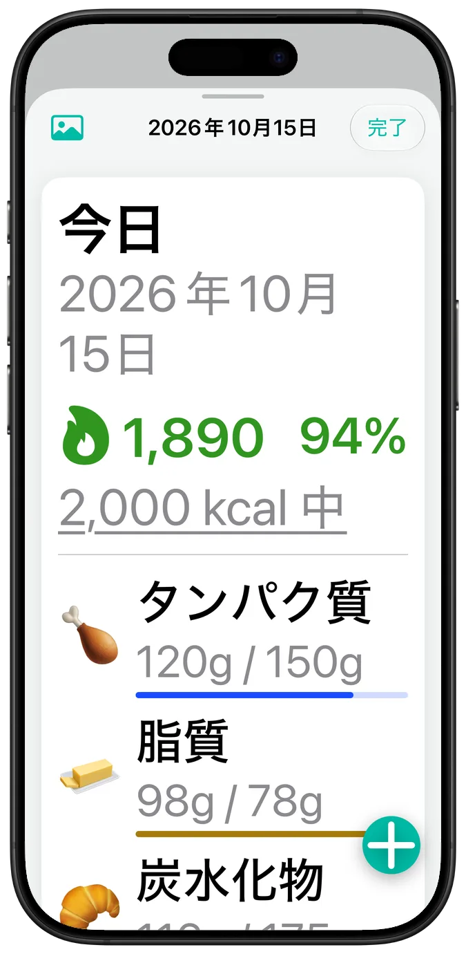 アクセシビリティの最大文字サイズで表示した1日のまとめ。主要栄養素ごとの数値が名前の下に折り返されている