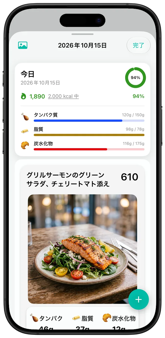 標準の文字サイズで表示した1日のまとめ。カロリー、主要栄養素の進捗バー、「グリルサーモンのグリーンサラダ、チェリートマト添え」の写真