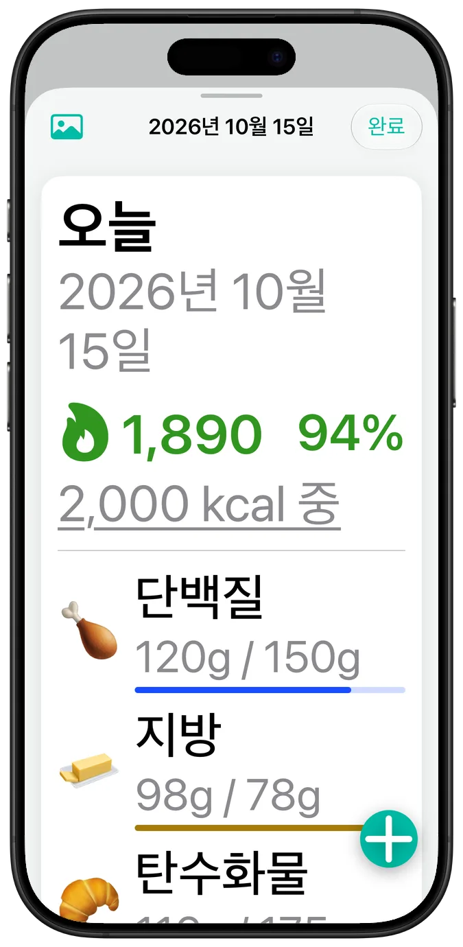 가장 큰 손쉬운 사용 텍스트 크기로 표시한 하루 요약. 각 주요 영양소의 수치가 이름 아래로 줄 바꿈됨