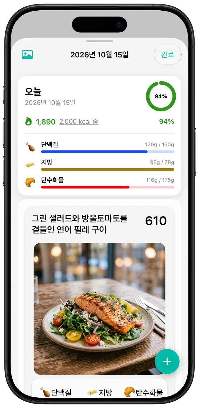 기본 텍스트 크기로 표시한 하루 요약: 칼로리, 주요 영양소 진행 막대, ‘그린 샐러드와 방울토마토를 곁들인 연어 필레 구이’ 사진