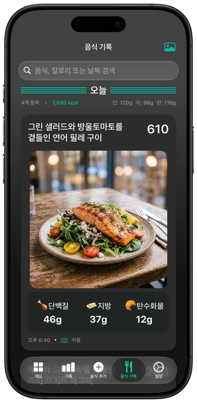다크 모드의 음식 기록