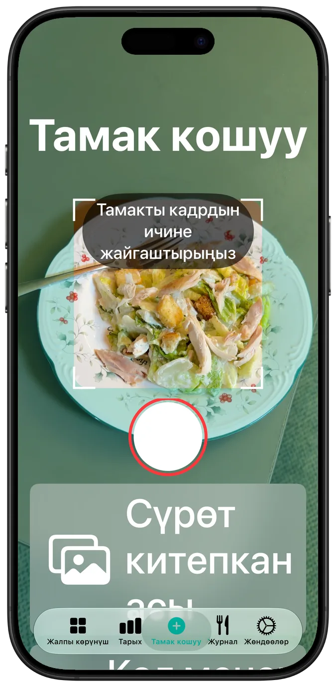 Эң чоң атайын текст өлчөмүндөгү камера экраны: кадрда салат, анын астында жапкыч жана сүрөт китепканасы баскычтары бири-биринин астында