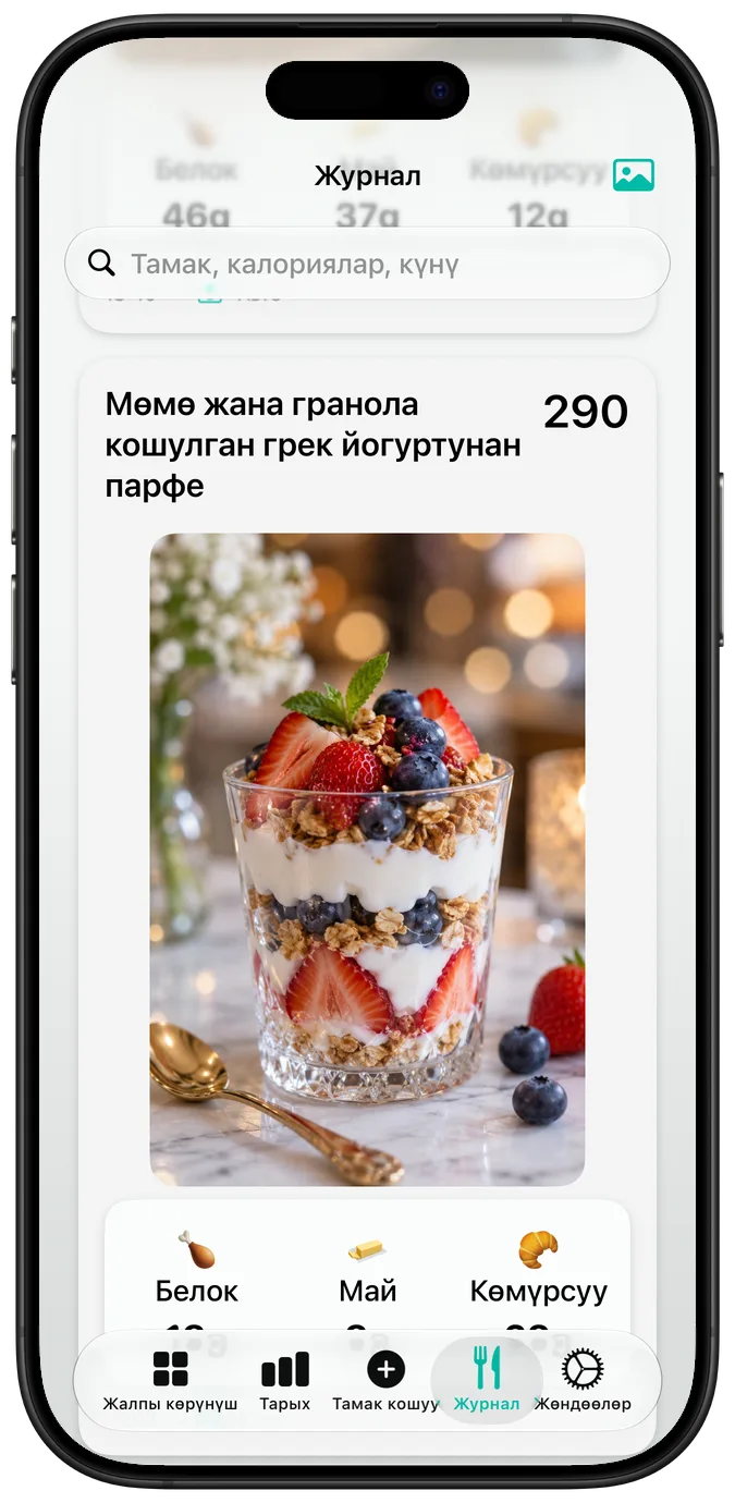 «Мөмө жана гранола кошулган грек йогуртунан парфе» тамагын, анын калориясын жана макросун көрсөткөн тамак журналы