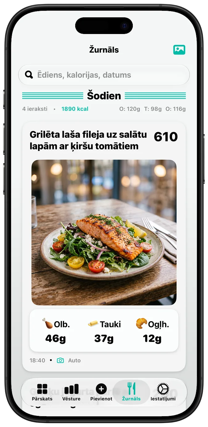 Ēdienu žurnāls ar ieslēgtu iestatījumu „Treknraksts (Bold Text)“, visi uzraksti treknākā šriftā
