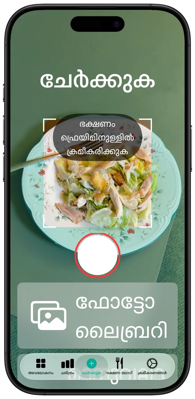 ഏറ്റവും വലിയ ആക്സസബിലിറ്റി ടെക്സ്റ്റ് വലിപ്പത്തിലുള്ള ക്യാമറ സ്ക്രീൻ; ഫ്രെയിമിൽ ഒരു സാലഡ്, താഴെ ഷട്ടറും ഫോട്ടോ ലൈബ്രറി ബട്ടണും ഒന്നിനു താഴെ ഒന്നായി