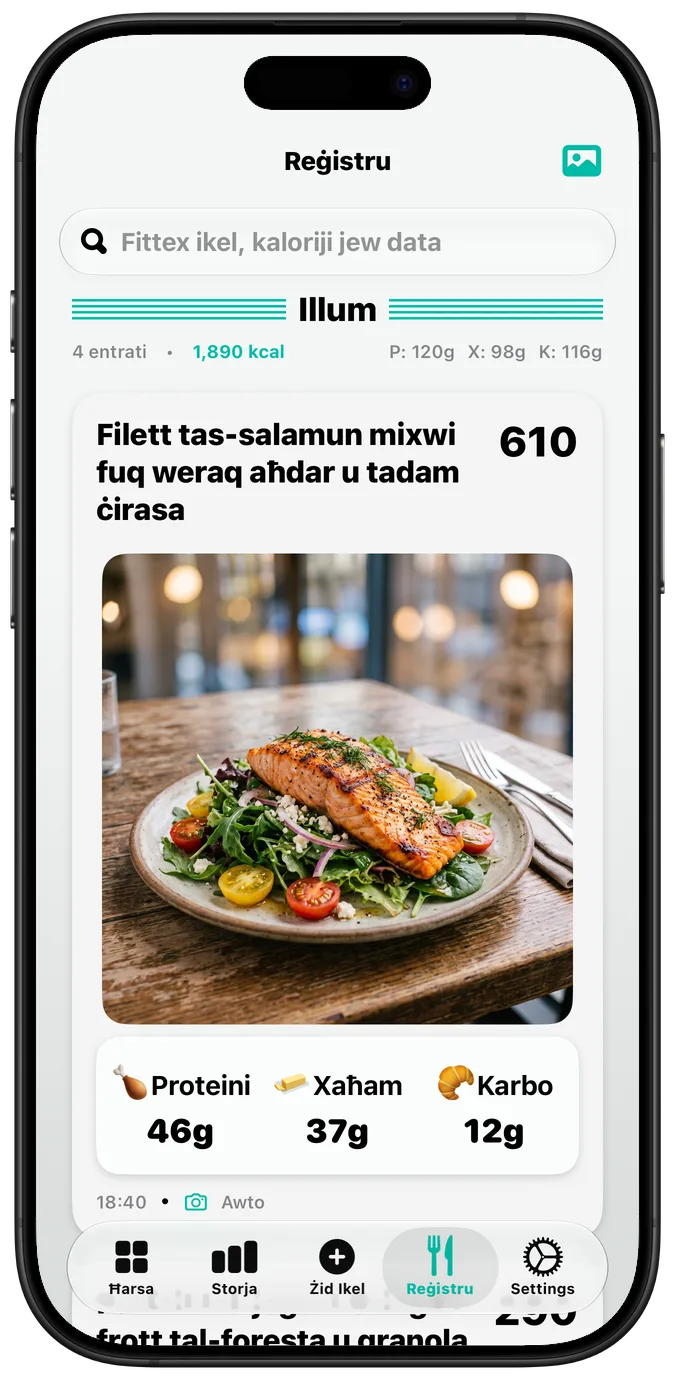 Ir-reġistru tal-ikel b’“Test Grassett (Bold Text)” mixgħul, kull tikketta f’tipa itqal