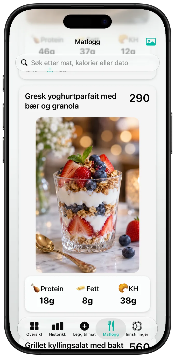 Matlogg som viser «Gresk yoghurtparfait med bær og granola», med kalorier og makroer