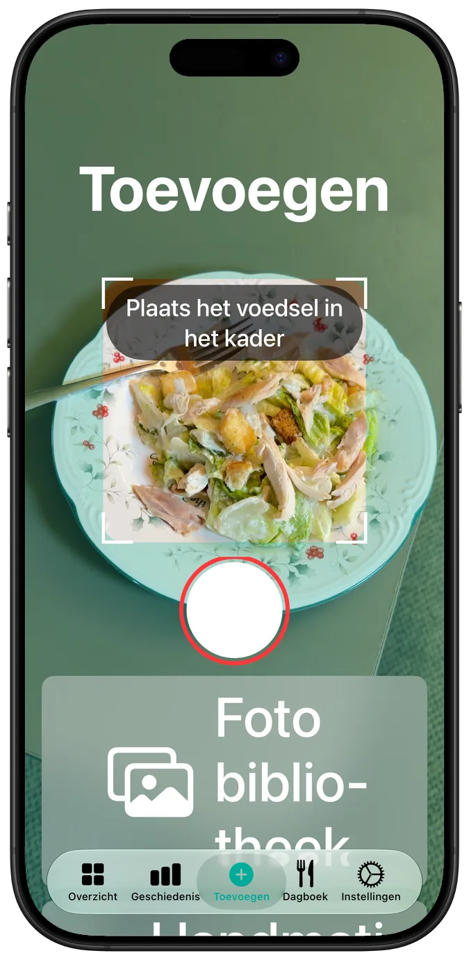 Het camerascherm in de grootste toegankelijkheidstekstgrootte: een salade in beeld, met de sluiter- en fotobibliotheekknop eronder gestapeld
