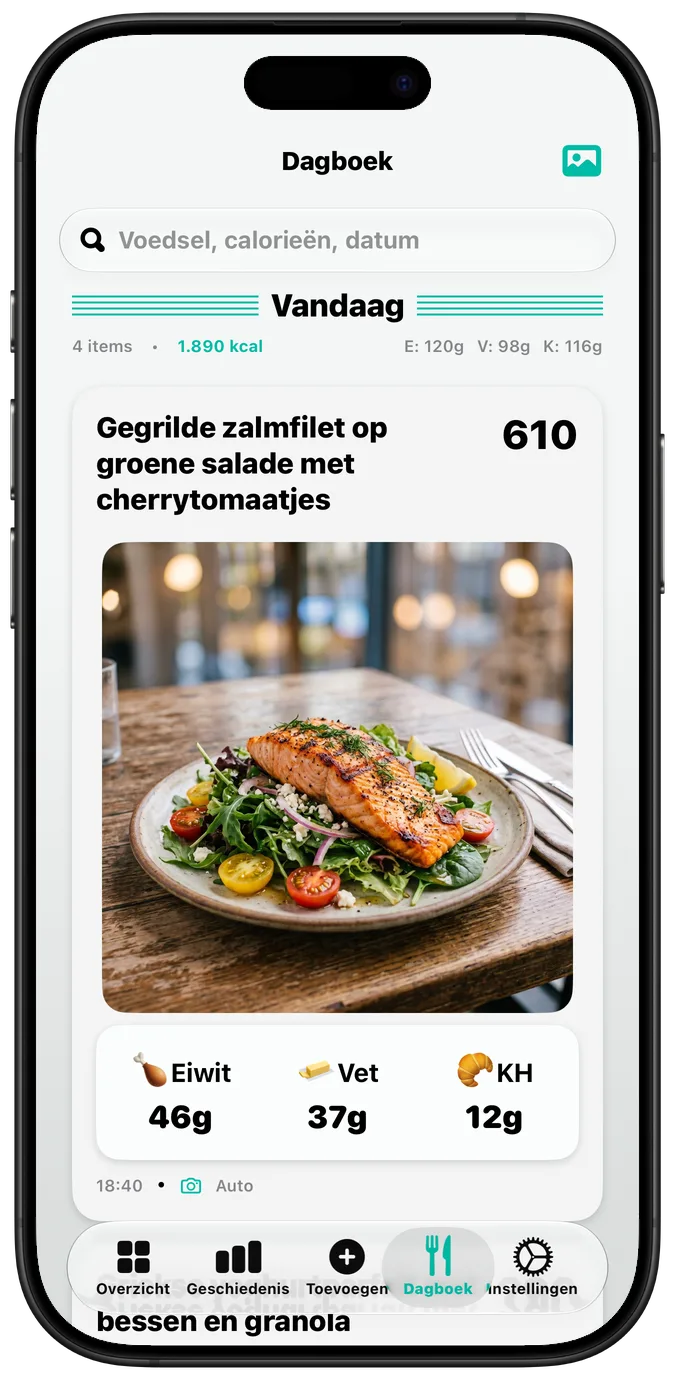 Het eetdagboek met “Vette tekst” aan, elk label in een zwaardere letter